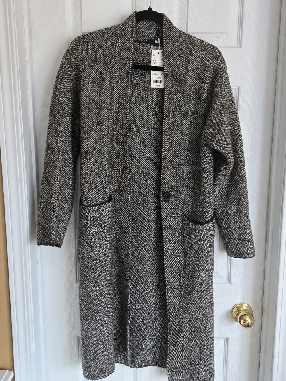 Uniqlo Long Open Front Knit Cardigan Coatigan in Black & White, Tweed Wool Blend